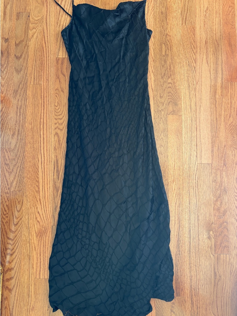 90s Vintage Anne Klein Black Textured Maxi Slip Dress with Subtle Scale Pattern